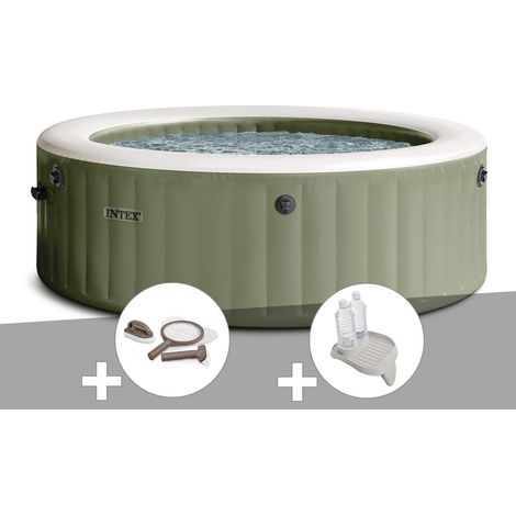 Kit spa gonflable Intex PureSpa Olive rond Bulles 6 places + Kit d'entretien + Porte-verre