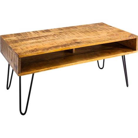Couchtisch SILVA 100 cm aus massivem Mangoholz und schwarzem Metall – 2 Fächer