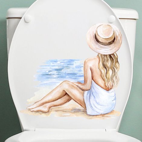 Autocollant de toilette étanche pour siège de toilette, fille de plage peinte, vue arrière, salle de bains, toilettes (1/4)