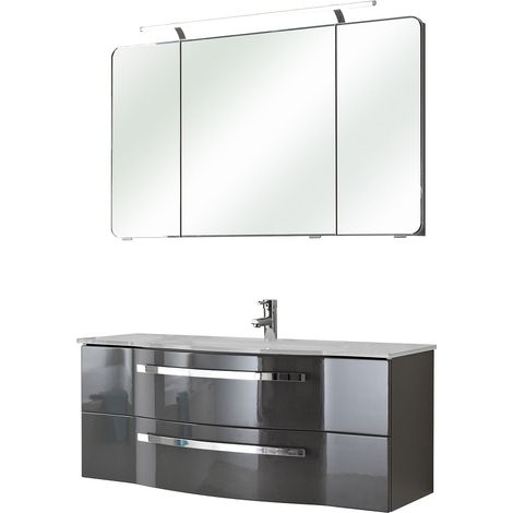 Badezimmer Waschtisch & Spiegel FES-4005-66 in Hochglanz Steingrau lackiert, mit Glasbecken - B/H/T: 120/200/49,1cm (1/5)