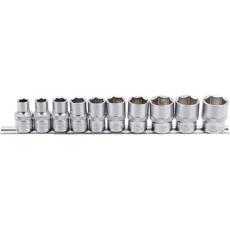 Bgs Technic – Coffret de 10 douilles 1/2" – 6 pans – Acier chrome-vanadium – Sur rail métal – Douilles 3/8" à 15/16"