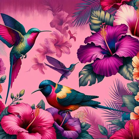 Papier peint panoramique - Fleurs Oiseaux - 130 cm x 130 cm (1/2)
