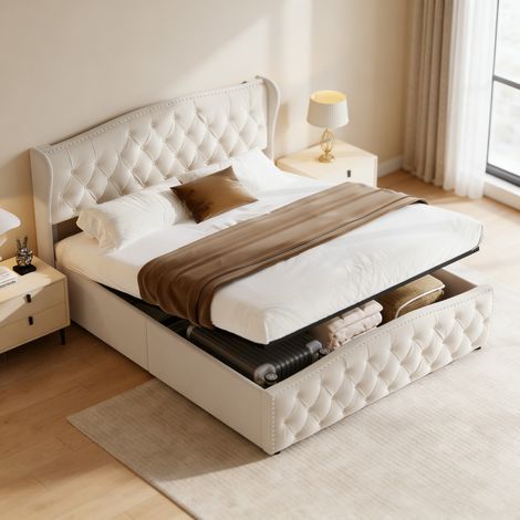 Lit Coffre 140x200cm,Tête de Lit Vague,Rangement Hydraulique,Cadre de Lit Adulte Double avec Sommier a Lattes,Tissu Velours,Blanc Cassé (1/5)