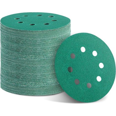 Paquete de 100 discos de lijado verdes de 12,7 cm (5 pulgadas) con cierre de velcro de 8 orificios y 10 granos diferentes (60, 80, 100, 120, 150, 180, 240, 320, 400, 600) para lijadora orbital.