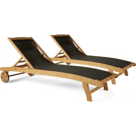 Oviala – Lot de 2 bains de soleil en eucalyptus inclinables 5 positions – Assise textilène – Roues pour déplacement facile – Dimensions 196x68,5x37cm