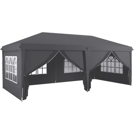 3 x 6 m Garden Pop Up Gazebo, Wedding Party Tent Marquee, Water Resistant Awning Canopy with Sidewalls, Windows, Carry Bag, Grey