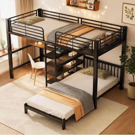 Hochbett 90 x 200 cm mit Schreibtisch, Stauraum und USB-/Typ-C-Anschlüssen, schwarz HAVRYA (1/5)