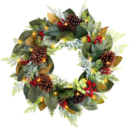Künstlicher Türkranz mit roten Beeren, Eukalyptusblättern und Tannenzapfen für festliche Hochzeiten im Landhausstil (1/2)