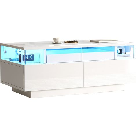 90 45 35.5 cm Couchtisch mit Tablett, Hochglanz-Couchtisch fürs Wohnzimmer, Sofatisch mit 2 Schubladen, tragender Beistelltisch aus gehärtetem Glas, kaffeetisch mit LED-Licht,Weiß (1/5)