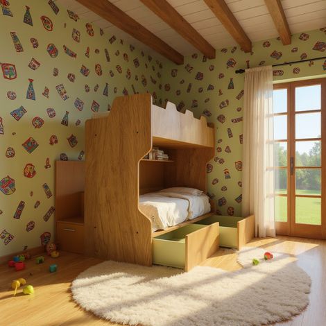 Letto a castello con scala contenitore e terzo letto estraibile - Cameretta salvaspazio - Quercia e zolfo