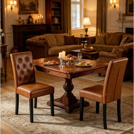 Set de 2 sillas de comedor 49 x 99 x 42 cm marrón en polipiel con respaldo alto y patas de madera maciza (1/5)
