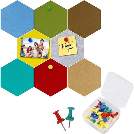 Felt Bulletin Board Hexagon Cork Board DIY Self Adhesive Message Board with 20 Push Pins for Home Office Classroom Wall Decor 8 Packs 17.5 x 15.2 cm (Multi-Colour) (1/5)