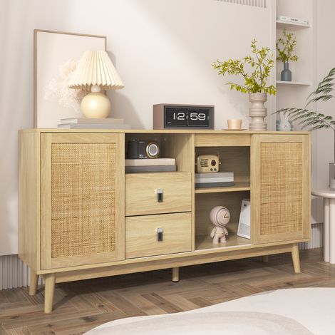 Credenza in legno e canna con 3 ante scorrevoli in canna e 2 cassetti, mobile contenitore (1/5)