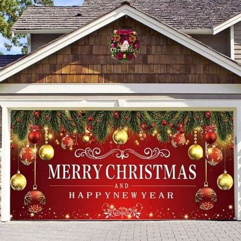Bannière de porte de garage de Noël 2,13 m x 4,88 m, grande bannière murale « Joyeux Noël » pour porte de garage, rouge (1/4)