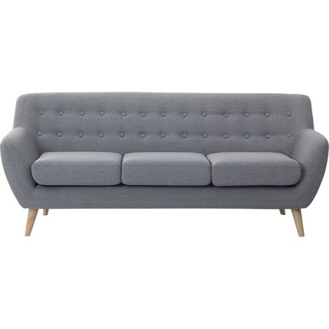 3 Seater Sofa Light Grey Upholstered Tufted Back Thickly Padded Light Wood Legs Scandinavian Minimalistic Living Room MOTALA