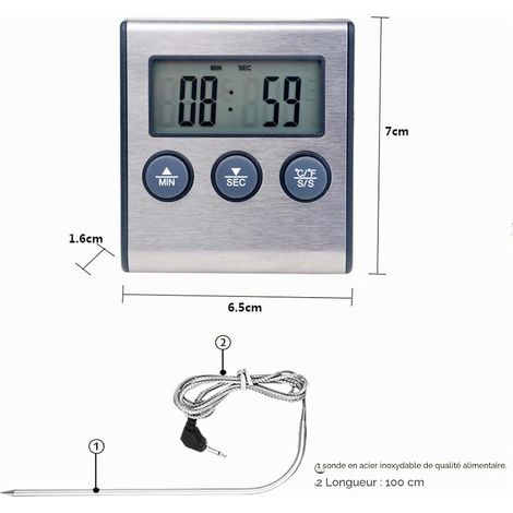 Digitales LED-Thermometer mit Sonde, digitales Thermometer, Lebensmittelthermometer mit Timerfunktion, Koch- und Grillthermometer für Grill und Backofen, 【Batterie nicht enthalten】 (1/5)