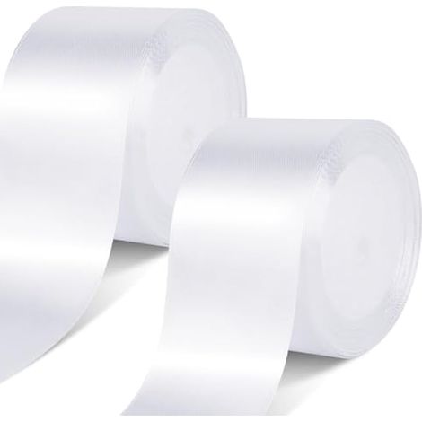 Lot de 2 rouleaux de ruban cadeau large - 50 mm x 22 m - Blanc - En tissu satiné - Pour emballage cadeau, décoration de gateau, d'invitation (1/4)
