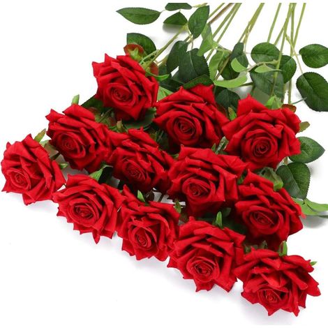 Floweroyal Juego de 12 rosas artificiales de terciopelo de tallo largo, ramo de rosas de piel sintética para decoración del hogar, jardín y bodas (rojo) (1/5)