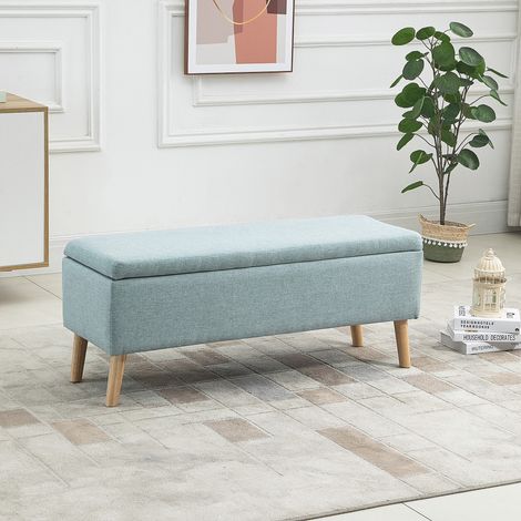 Sitzbank mit Stauraum Polsterbank mit Leinenoptik, Sitztruhe mit Holzbeine, Truhenbank für Wohnzimmer Schlafzimmer Flur 110 x 39 x 45 cm, Hellgrün