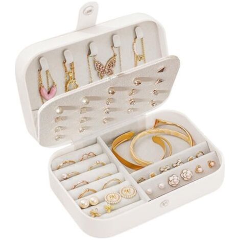 Women's Jewelry Box, Jewelry Storage, Off-White, Portable, 16 cm x 11 cm x 5 cm, 20 Ear Holes, 6 Necklace Hooks, 3 Removable Compartments, Ideal Gift (1/5)