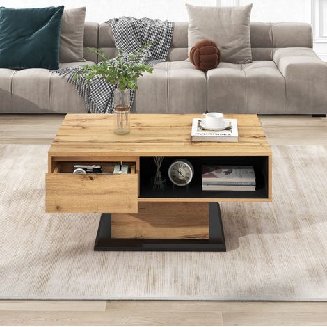 Mesa de centro con cajón y almacenaje doble natural OKMYHOME (1/5)