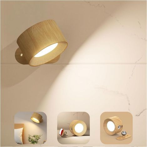 Applique murale intérieure LED tactile avec port de charge USB, 3 niveaux de luminosité et 3 températures de couleur réglables (360°), pour chambre à coucher, 1 unité, finition grain de bois (1/4)