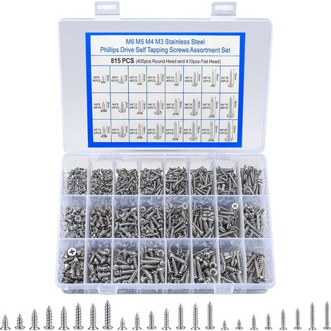 815 Stück M3 M4 M5 Selbstbohrende Holzschrauben, Sortiment, Edelstahl, Kreuzschlitzschrauben, Flachkopfschrauben und selbstbohrende Schrauben für Stahlblech (405 x Rundkopf, 410 x Flachkopf)
