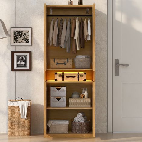 Armario de 70 × 55 × 180 cm, con compartimentos iluminados, luz LED, amplio espacio de almacenamiento y zona para colgar ropa, armario individual, color madera. (1/5)