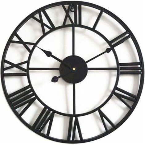Horloge Grande horloge murale rétro en fer - Ronde - Silencieuse - Fonctionne avec piles - Chiffres romains - Style vintage - Pour décoration de salon - Noir (40 Cm) (1/5)