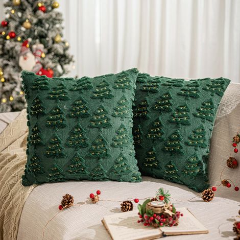 Lot de 2 housses de coussin pour sapin de Noël, 50 x 50 cm, coussins décoratifs verts avec broderie en forme d'arbre pour décorations d'hiver (1/5)
