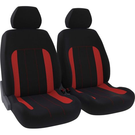 Jeu de 2 housses de sièges avant - Universelles - Voiture/Auto - Lavable - Tissu noir / rouge avec surpiqure rouge (1/5)
