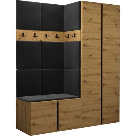 Mobilier1 – Meuble d'entrée Hartford 266 – Chêne artisan – Dimensions 186x158x46 cm – Tapisserie et stratifié – À suspendre ou à poser