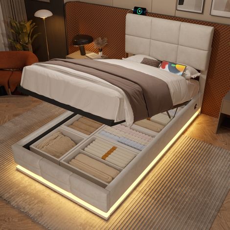 Cama 90x200 cm moderna de terciopelo beige con cabecero регулируable, LED, USB y arcón (1/5)