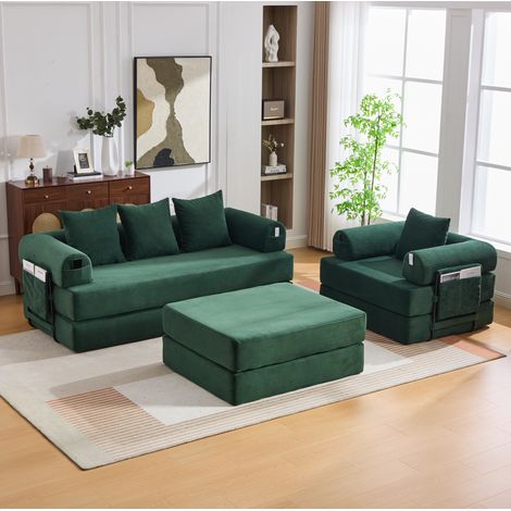 Sofá modular de 4 plazas de pana con puff, estructura metálica, cojín lateral y cojines, verde (1/5)