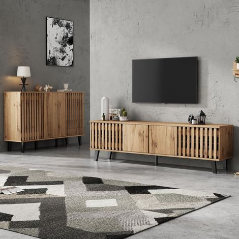 Meuble TV (180×40×55 cm) et buffet (150×40×95 cm) en bois naturel – 8 compartiments et 6 étagères, portes intégrées, base stable, convient pour le salon et la chambre.
