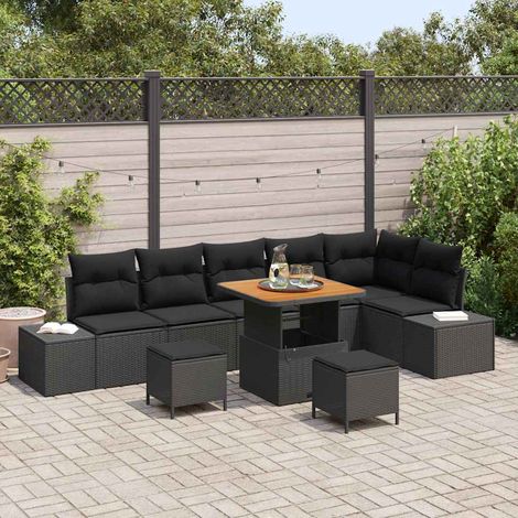 Ensemble Canapé Jardin 9 pièces Noir Polyrotin avec Coussins et Table Réglable (1/5)