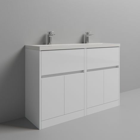 Montego Gloss White 1200mm Floor Standing 2 Drawer 4 Door Vanity Unit with Glide Double Basin
