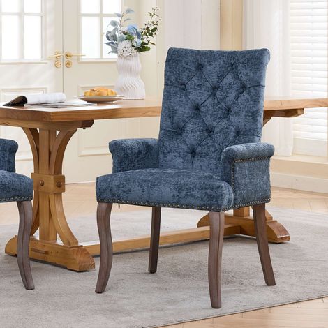 Chaise 69x57x100.5 cm de salle à manger, Fauteuil capitonné de table pour salon et cuisine, Tissu chenille et pieds galbés,Bleu (1/5)