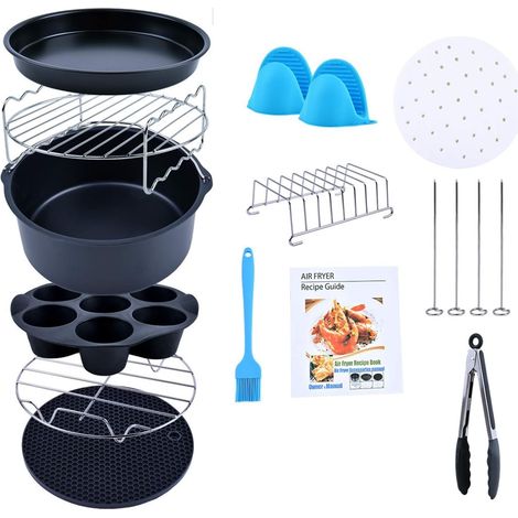 Kit de accesorios para freidora de aire, que incluye moldes para pasteles/pizzas, rejillas, etc., 12 piezas en total, para freidoras de aire de 8 pulgadas. (1/5)