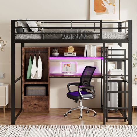 Hochbett modern 140x200 cm aus Metall und MDF in Schwarz mit Schreibtisch, 1 Schublade, Regalen, LED und Geländer (1/5)
