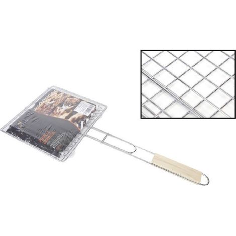 TrAdE Shop Traesio - Griglia Barbecue Doppia Grill Manico In Legno Graticola Arrosto Pesce 22.5x20.5cm -