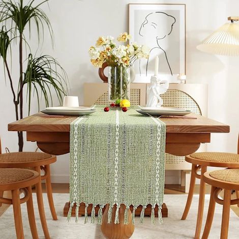 Linge de table Chemin table lin rustique franges vert sauge (1/3)
