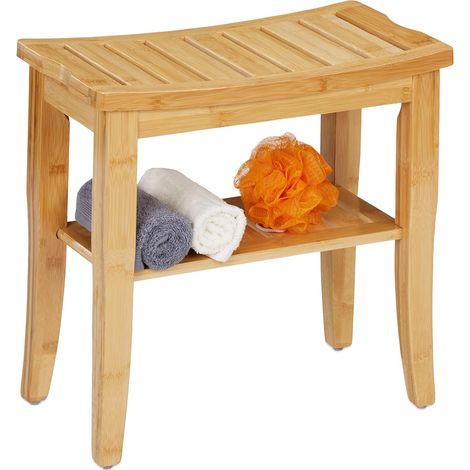 Tabouret en Bambou, HxLxP: 45,5 x 48 x 25 cm, Charge: 150 kg, Banc en Bois avec Pieds antidérapants, Nature (1/5)