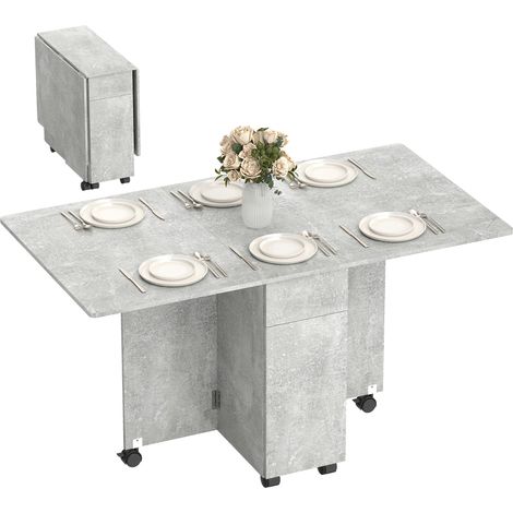 Tavolo da Pranzo Pieghevole a Ruote con 2 Cassetti, 2 Ante e Armadietto, in Legno, 140x76x74 cm, Grigio Cemento
