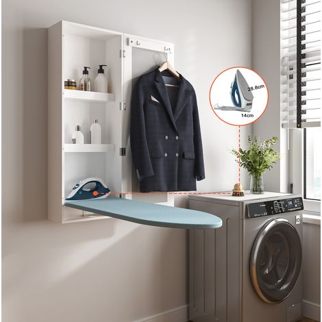 Mueble de almacenamiento mural con tabla de planchar integrada, espejo, blanco OKMYHOME (1/5)
