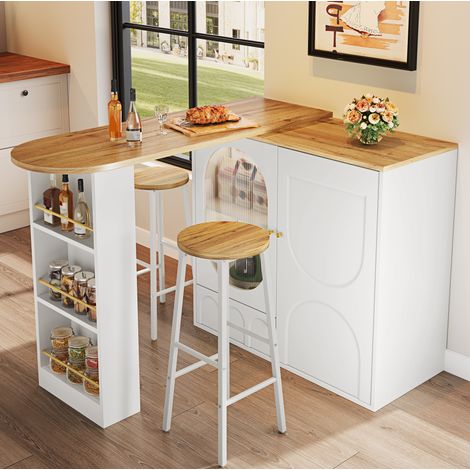 Conjunto de barra de cocina (138x39x105 cm), con almacenaje, 2 taburetes, MDF y metal, blanco (1/5)
