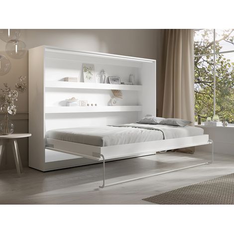 Lit escamotable 140 x 200 cm - Ouverture horizontale manuelle - Avec LEDs - Blanc + Matelas - RAPILI (1/4)