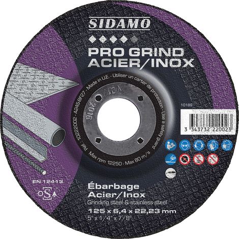 Schruppschleifscheibe PRO GRIND EDELSTAHL D. 125 x 6,4 x Al. 22,23 mm - Stahl, Edelstahl - SIDAMO - 10222002