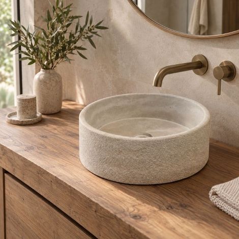 Vasque à poser ronde en pierre naturelle Atlas beige 40x13 cm - À l'unité - Ti'ma Stone (1/5)