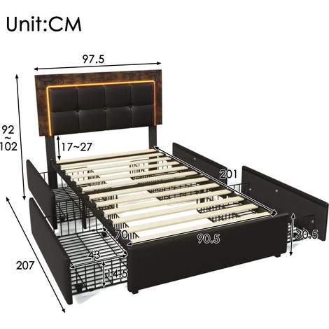 Lit simple rembourré 90×200cm PU noir,bande LED,4 tiroirs,tête réglable,lit fonctionnel sans matelas